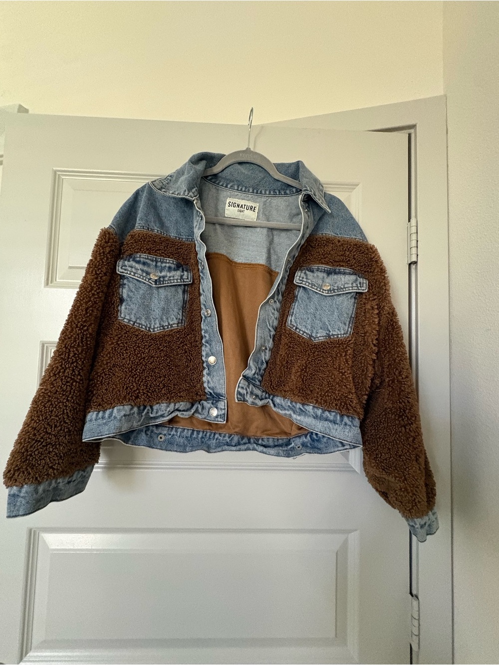 Signature Eight Denim and Brown Sherpa Cropped Jacket